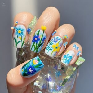 Floral Fantasy White base with hand painted nail 1