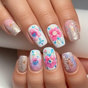 Floral Fantasy White base with hand painted nail