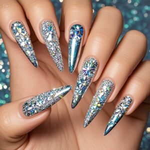 Laser polarized diamond nail art exudes an otherworldly, dreamy feel. 