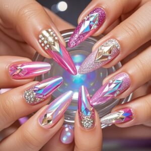 Laser polarized diamond nail art exudes an otherworldly, dreamy feel. 