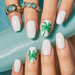 White base with palm tree art nail