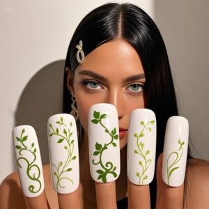 White with green vine accents nail
