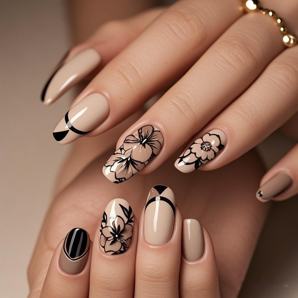 alt Woman showcasing elegant nail art with floral designs and neutral tones highlighting timeless . 4 1