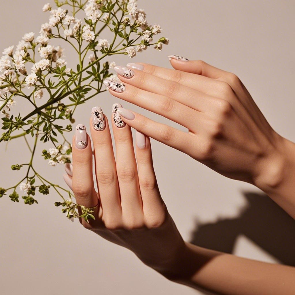 alt Woman showcasing elegant nail art with floral designs and neutral tones highlighting timeless 1 1