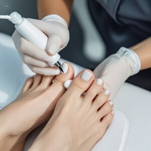 Aesthetic close-up of pale feet with flawless white polish application 