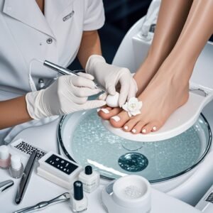 Aesthetic close-up of pale feet with flawless white polish application 
