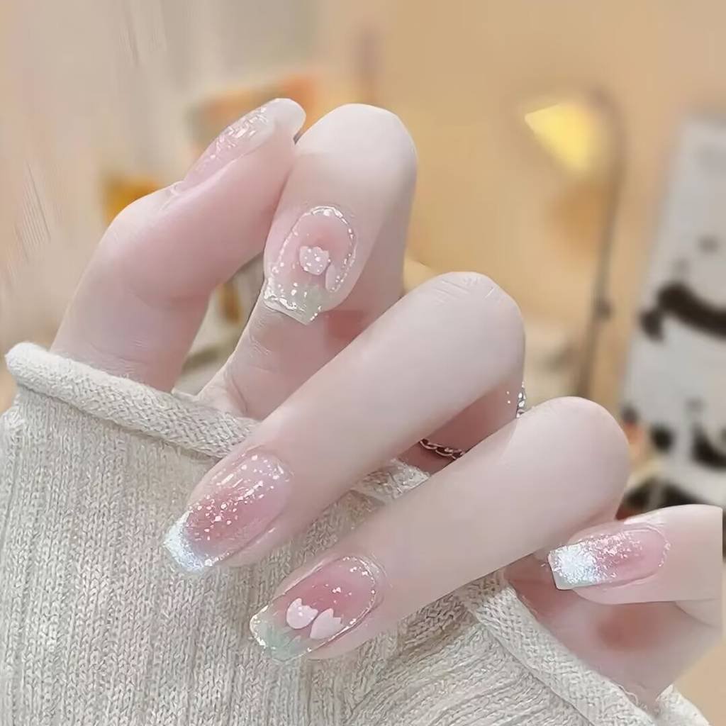 2025 short nails for fair skin: muted blush, pearlized chrome accents + square shapes. Lavender-gray French tips enhance pale complexions with cool undertones.