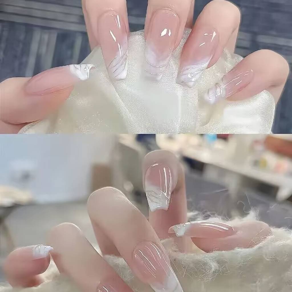 2025 short nails for fair skin: muted blush, pearlized chrome accents + square shapes. Lavender-gray French tips enhance pale complexions with cool undertones.