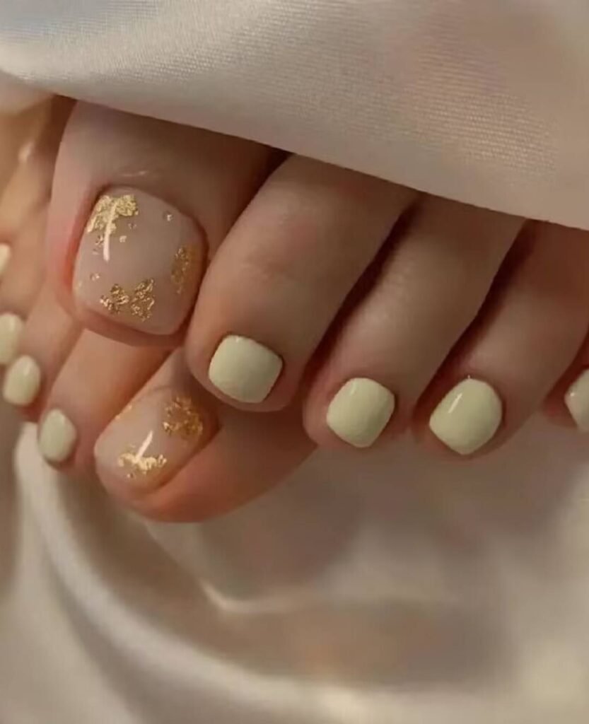 "2025 short toenail trends: minimalist geometric designs in earth tones with chrome accents, Korean-inspired negative space, low-maintenance styles."