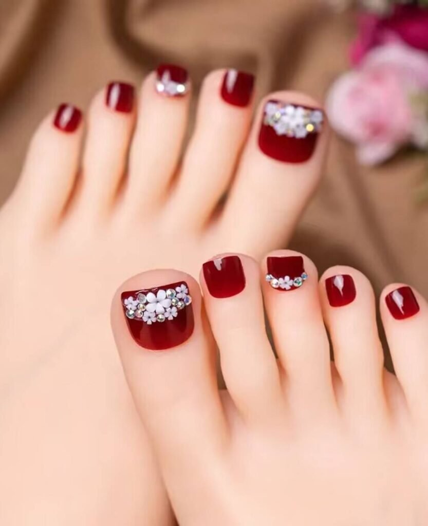 "2025 short toenail trends: minimalist geometric designs in earth tones with chrome accents, Korean-inspired negative space, low-maintenance styles."