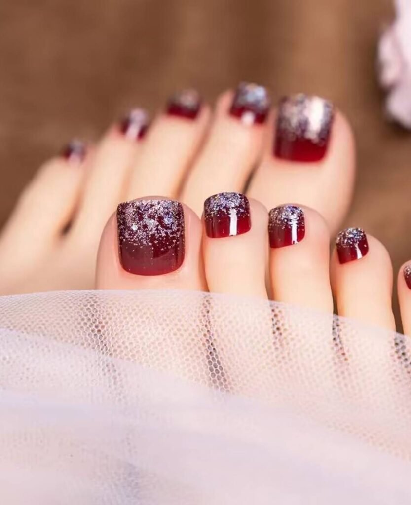 "2025 short toenail trends: minimalist geometric designs in earth tones with chrome accents, Korean-inspired negative space, low-maintenance styles."