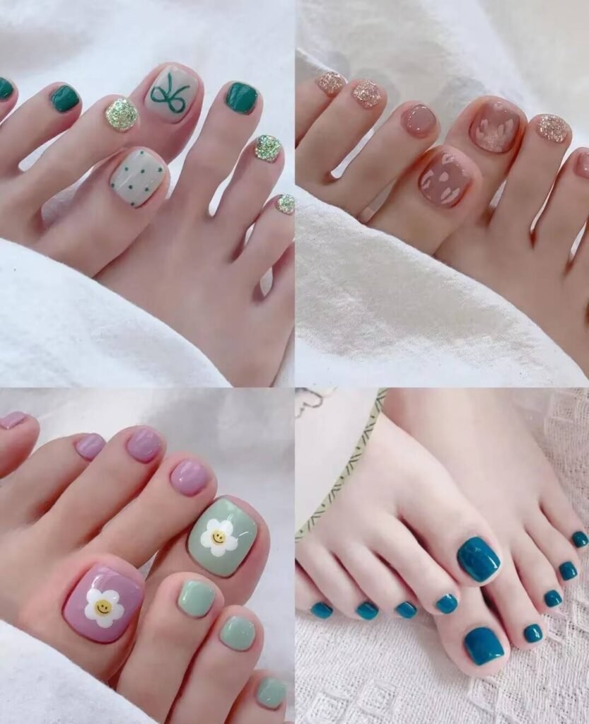 "2025 short toenail trends: minimalist geometric designs in earth tones with chrome accents, Korean-inspired negative space, low-maintenance styles."
