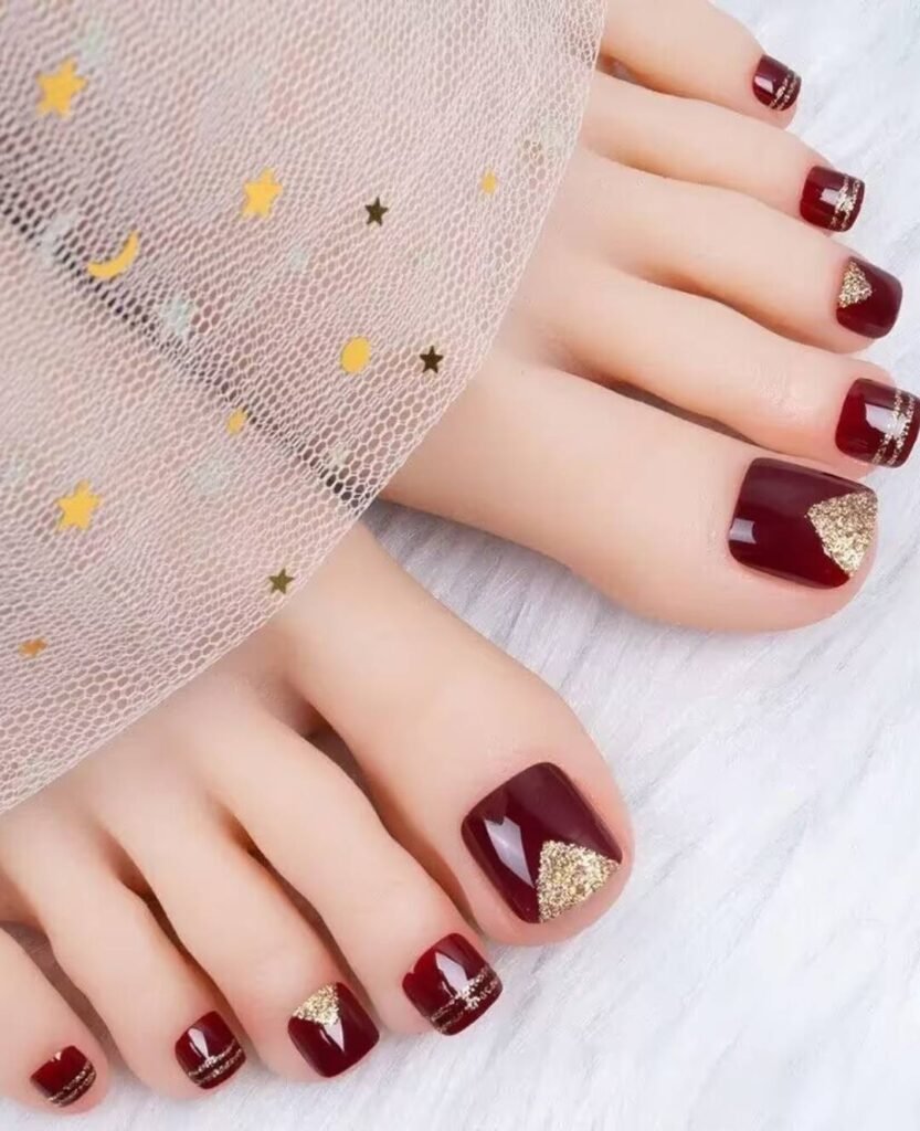 "2025 short toenail trends: minimalist geometric designs in earth tones with chrome accents, Korean-inspired negative space, low-maintenance styles."