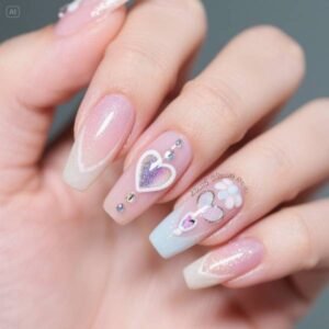"Dreamy Nail Designs 2025: pearlescent lavender nails with gold foil and minimalist line art, inspired by Seoul trends" 