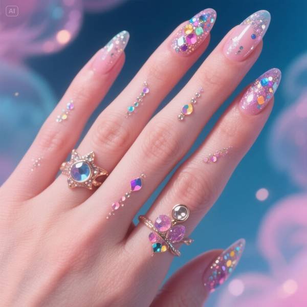 "Dreamy Nail Designs 2025: pearlescent lavender nails with gold foil and minimalist line art, inspired by Seoul trends"