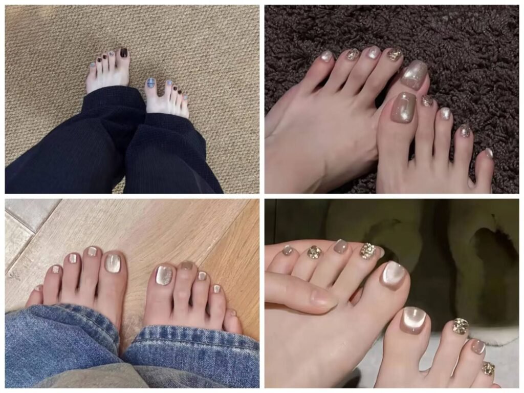 "Luxury foot nail art 2025   : Elegant gold & crystal designs for high-end pedicures. Trendy metallic accents and minimalist chic styles."