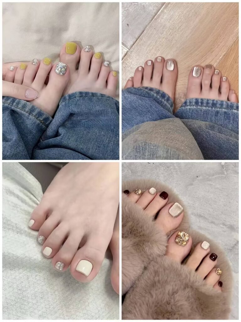"Luxury foot nail art 2025   : Elegant gold & crystal designs for high-end pedicures. Trendy metallic accents and minimalist chic styles."
