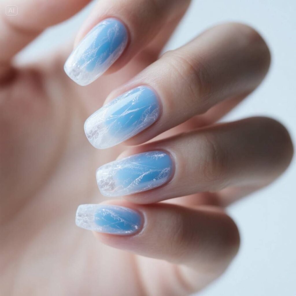 "ice translucent nail trends with frosty accents, trending in minimalist manicures. Soft blue-white gradients and frozen-luxe shimmer."