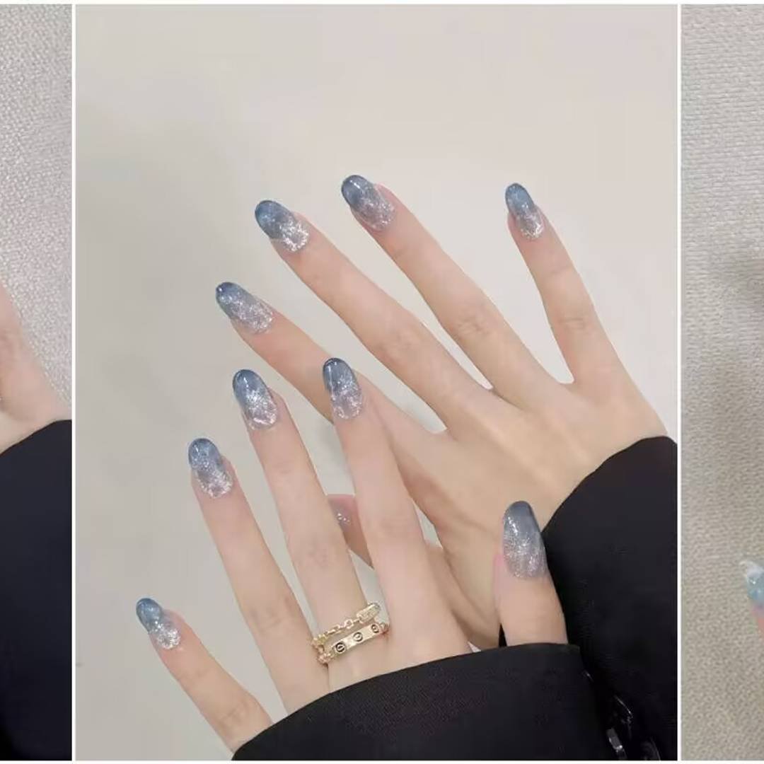 "Icy translucent nails with delicate shimmer, showcasing the latest ice translucent nail trends in glossy, frosty elegance."
