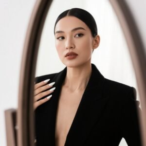 "Soft mist milk tea French nails with rounded edges for a delicate look"
