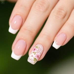 "Soft mist milk tea French nails with rounded edges for a delicate look"