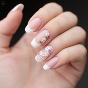 "Soft mist milk tea French nails with rounded edges for a delicate look"