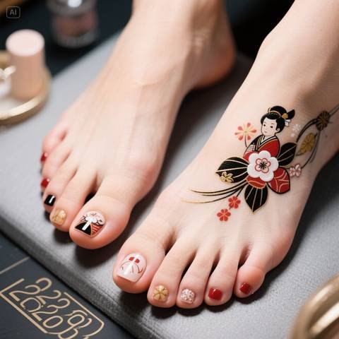 Japanese pedicure designs 2025:"Dusty rose Japanese pedicure 2025 – muted pink with intellectual aesthetic for mature kawaii style"