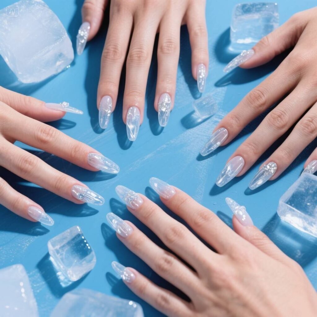 "Icy translucent nails with delicate shimmer, showcasing the latest ice translucent nail trends in glossy, frosty elegance."