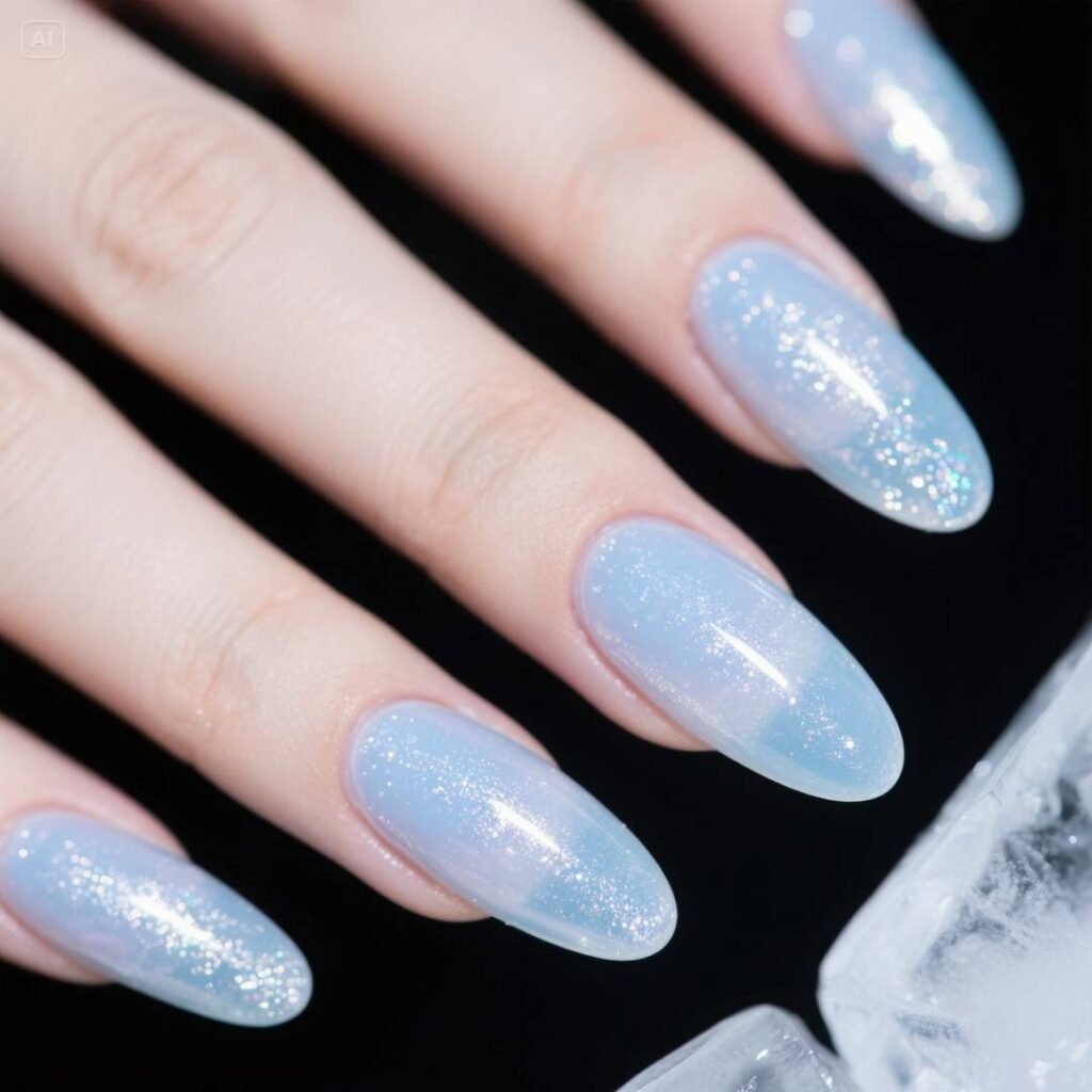 "Icy translucent nails with delicate shimmer, showcasing the latest ice translucent nail trends in glossy, frosty elegance."