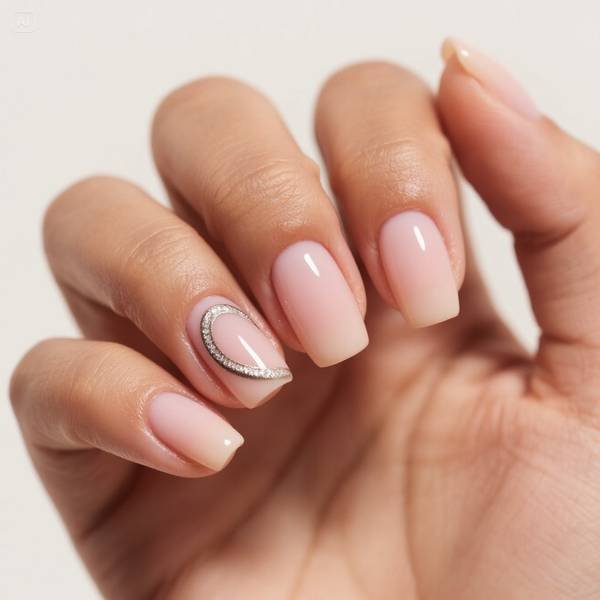2025 short nail trends：Soft Matte Colours + Abstract Metallic Encrustations for a Minimalist Futuristic Look