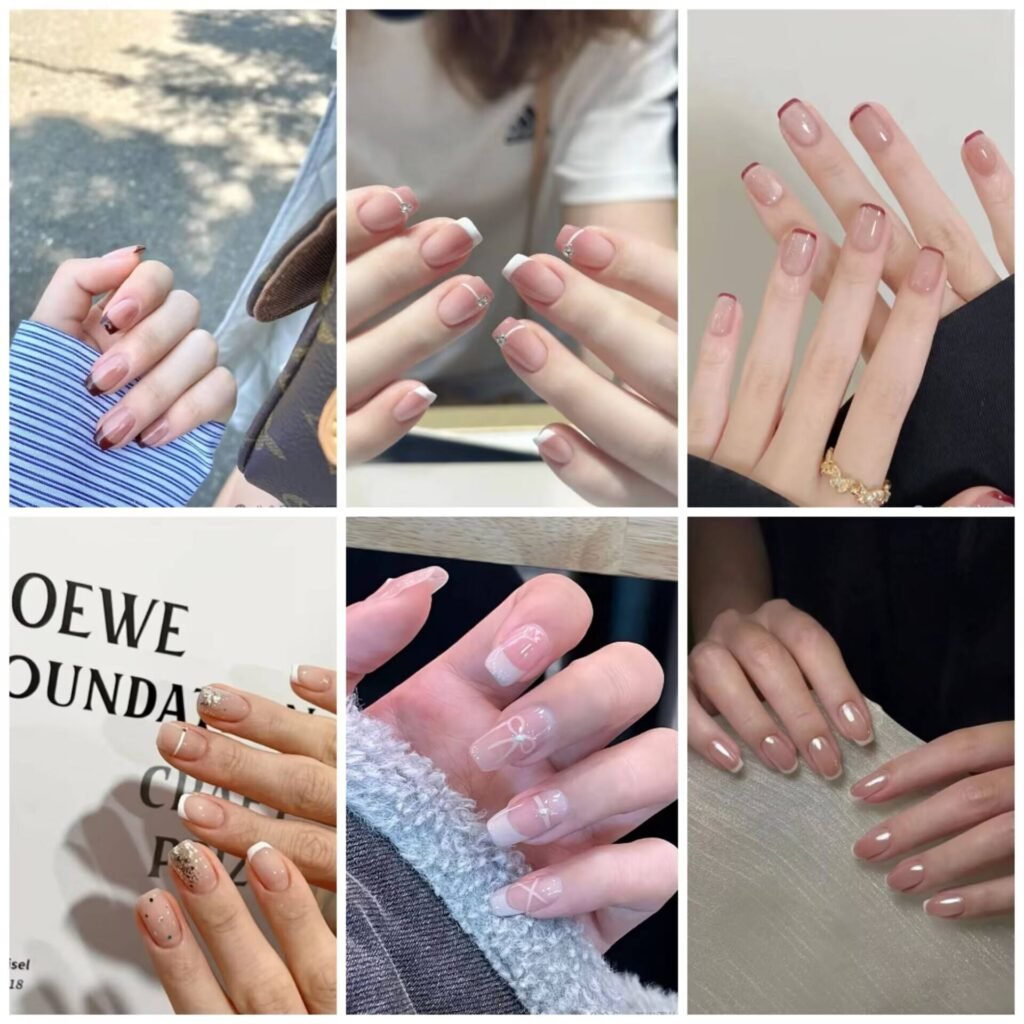"Soft mist milk tea French nails with rounded edges for a delicate look"