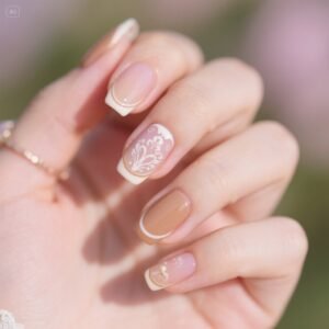 "Soft mist milk tea French nails with rounded edges for a delicate look"