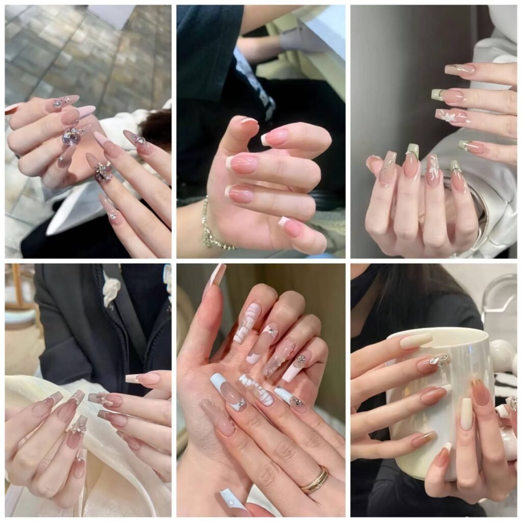 "Soft mist milk tea French nails with rounded edges for a delicate look"