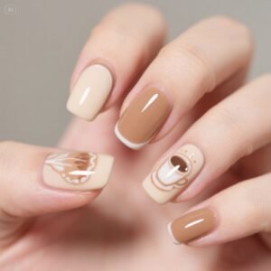 "Soft mist milk tea French nails with rounded edges for a delicate look"