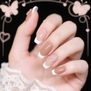 "Soft mist milk tea French nails with rounded edges for a delicate look"