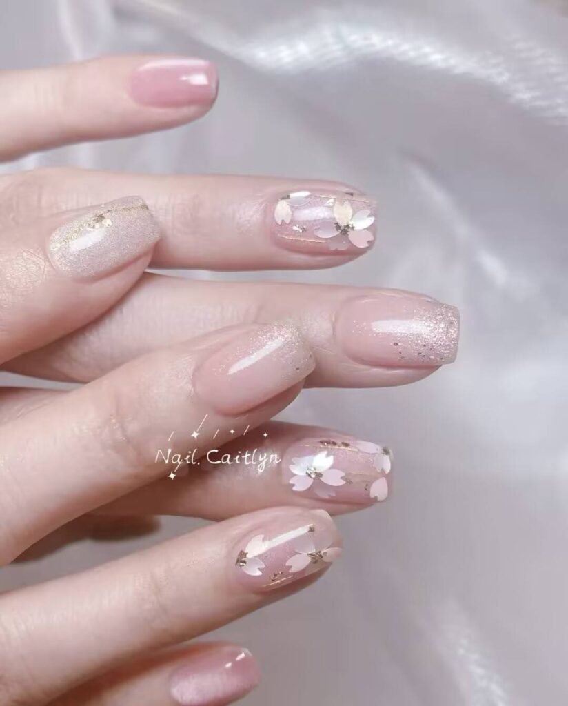 Swatches of flattering nail colors for fair skin: pale pink, peach nude, mauve, and sheer red