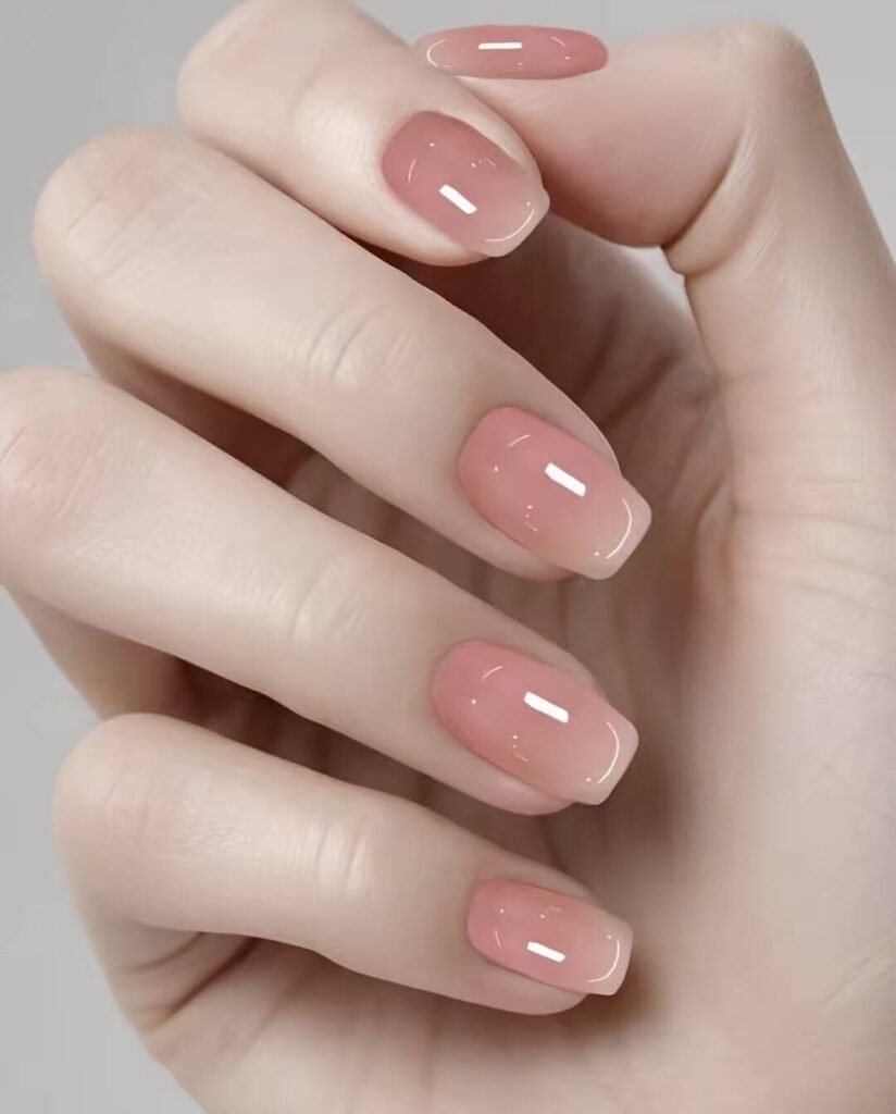 Swatches of flattering nail colors for fair skin: pale pink, peach nude, mauve, and sheer red