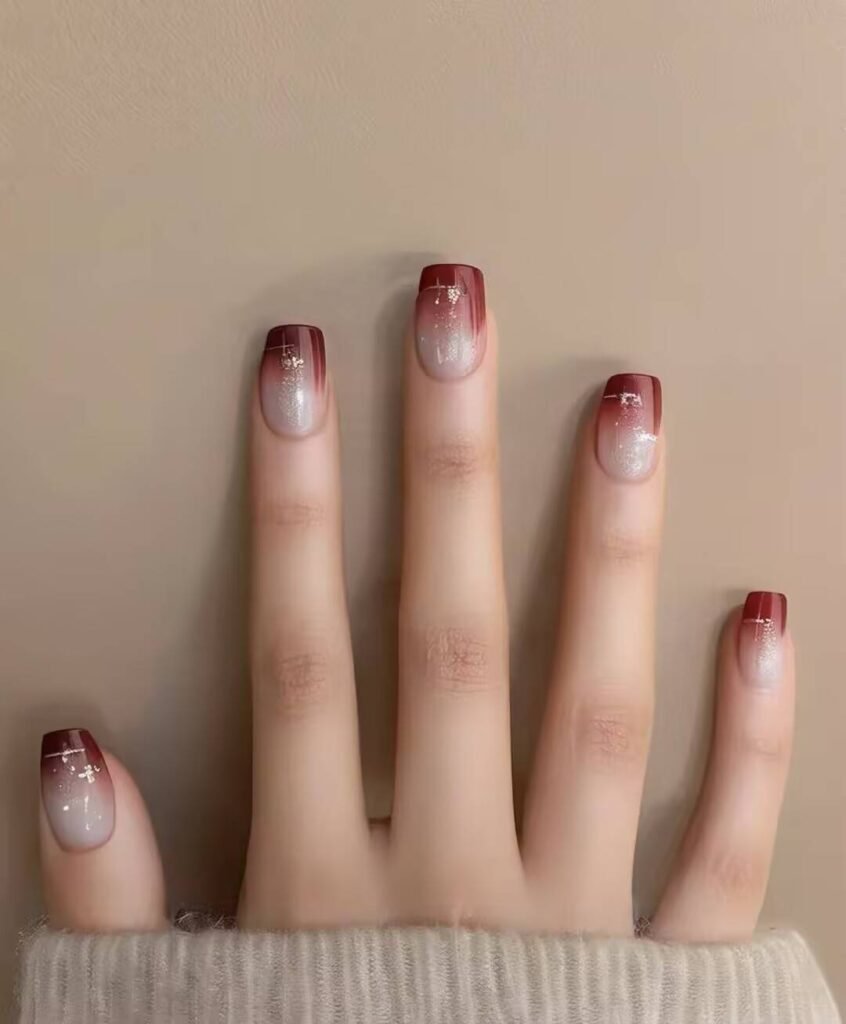 Swatches of flattering nail colors for fair skin: pale pink, peach nude, mauve, and sheer red