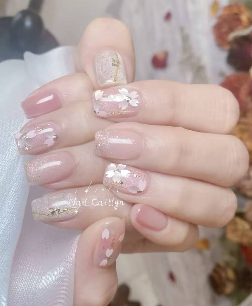 Swatches of flattering nail colors for fair skin: pale pink, peach nude, mauve, and sheer red