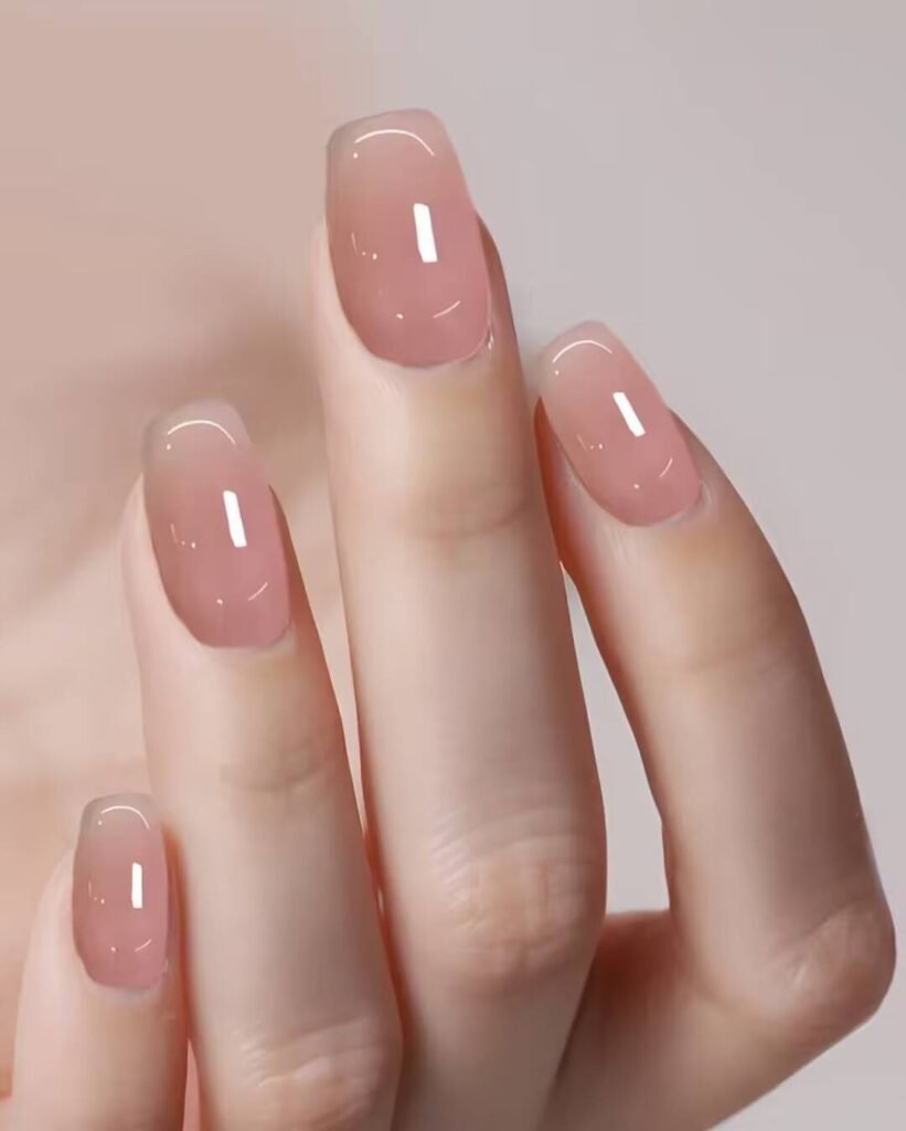 Swatches of flattering nail colors for fair skin: pale pink, peach nude, mauve, and sheer red