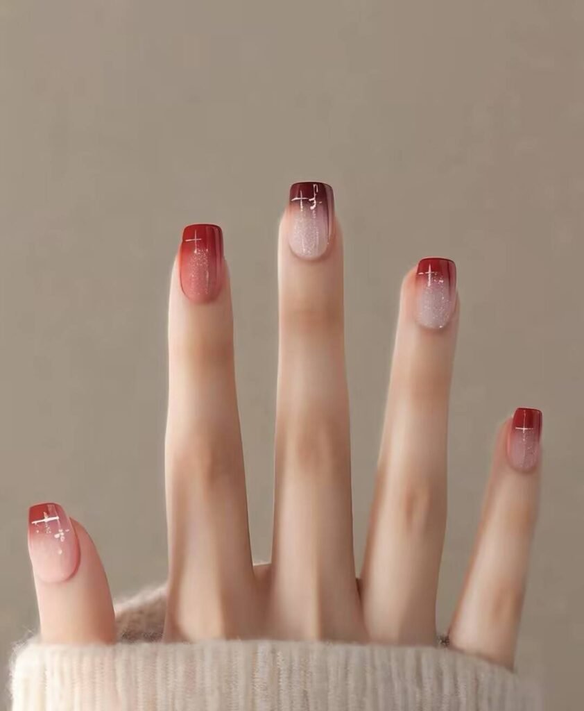 Swatches of flattering nail colors for fair skin: pale pink, peach nude, mauve, and sheer red