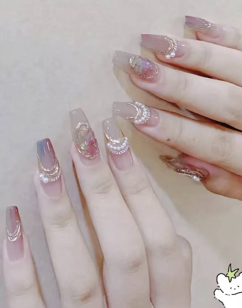 Swatches of flattering nail colors for fair skin: pale pink, peach nude, mauve, and sheer red