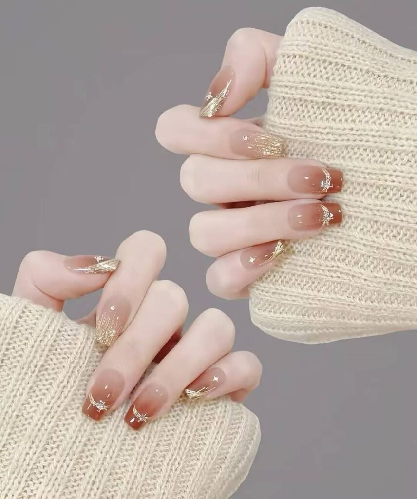 Swatches of flattering nail colors for fair skin: pale pink, peach nude, mauve, and sheer red
