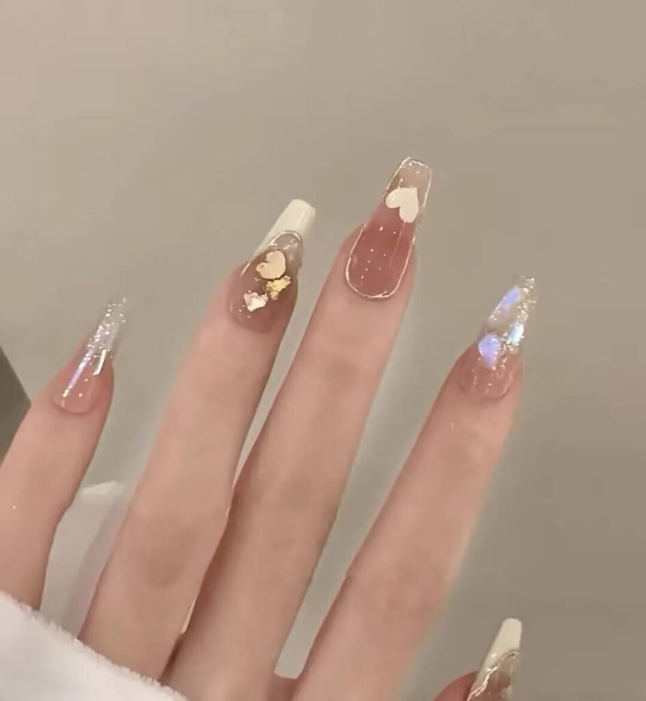 Swatches of flattering nail colors for fair skin: pale pink, peach nude, mauve, and sheer red