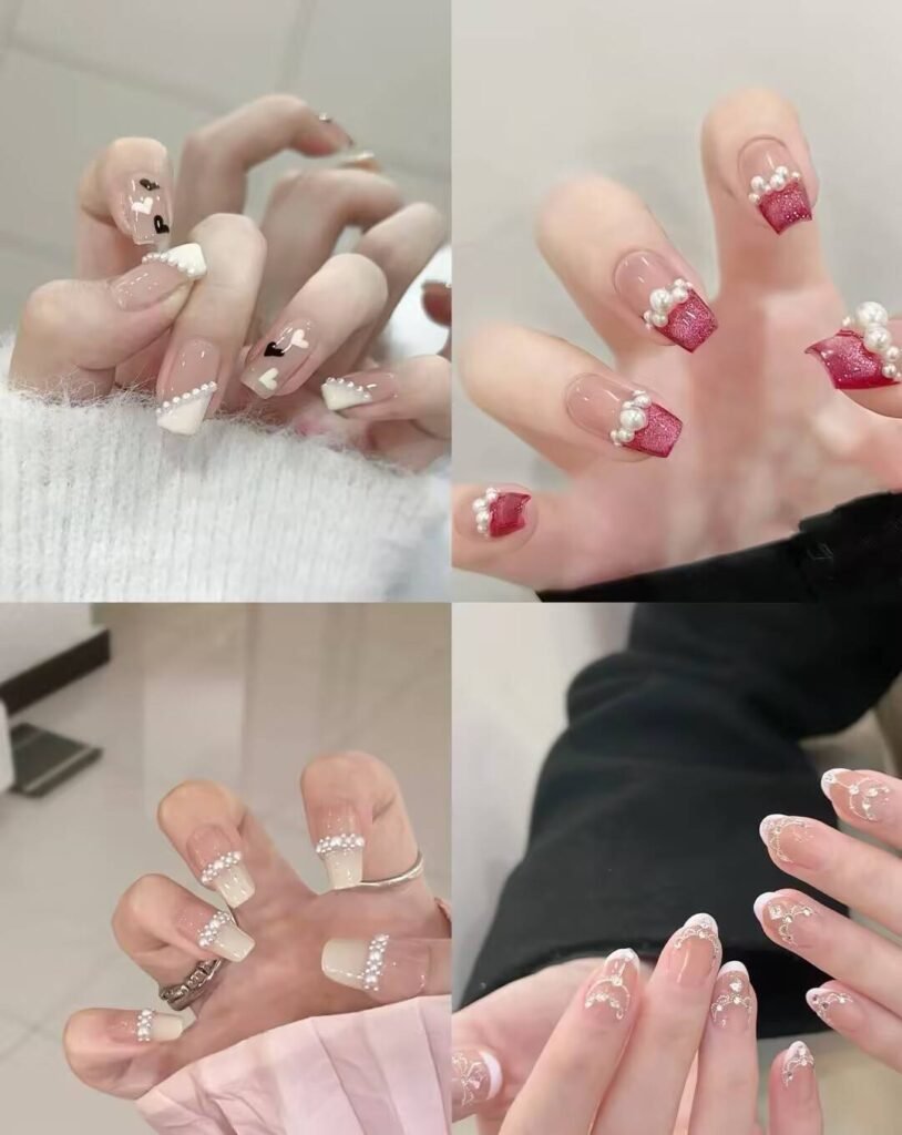 Short, elegant nail designs featuring minimalist styles like French tips, soft nude polish, and delicate gold accents on natural nails.