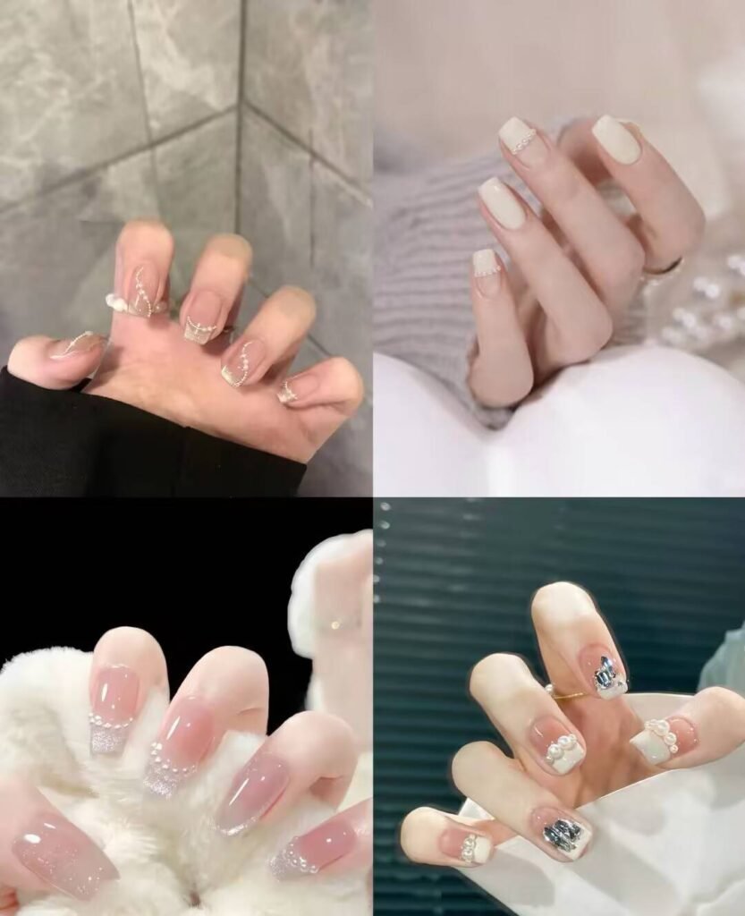 Short, elegant nail designs featuring minimalist styles like French tips, soft nude polish, and delicate gold accents on natural nails.
