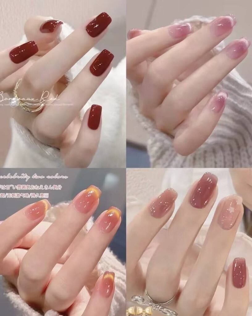 Short, elegant nail designs featuring minimalist styles like French tips, soft nude polish, and delicate gold accents on natural nails.