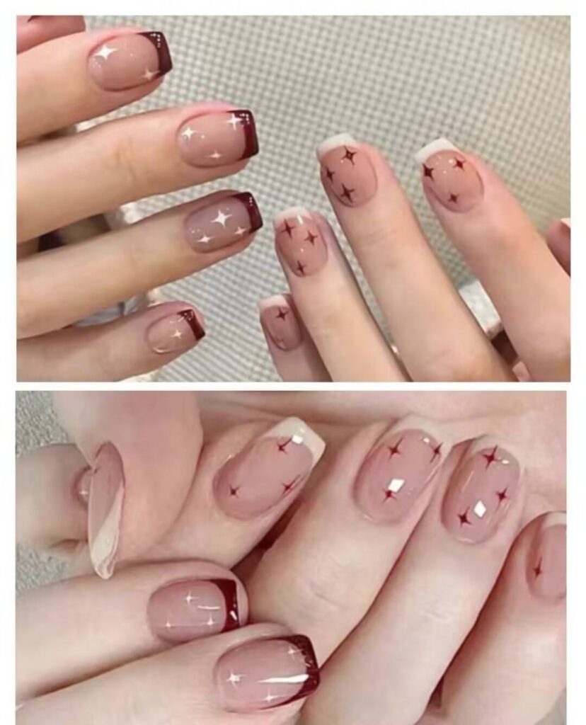 Short, elegant nail designs featuring minimalist styles like French tips, soft nude polish, and delicate gold accents on natural nails.
