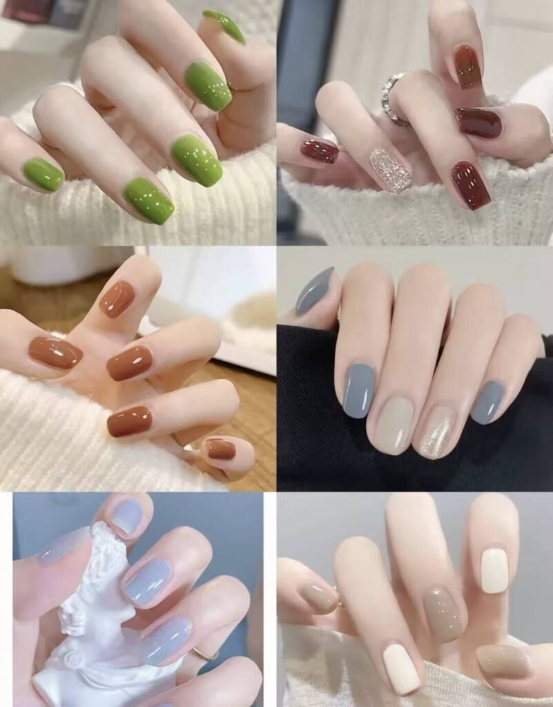 Short, elegant nail designs featuring minimalist styles like French tips, soft nude polish, and delicate gold accents on natural nails.