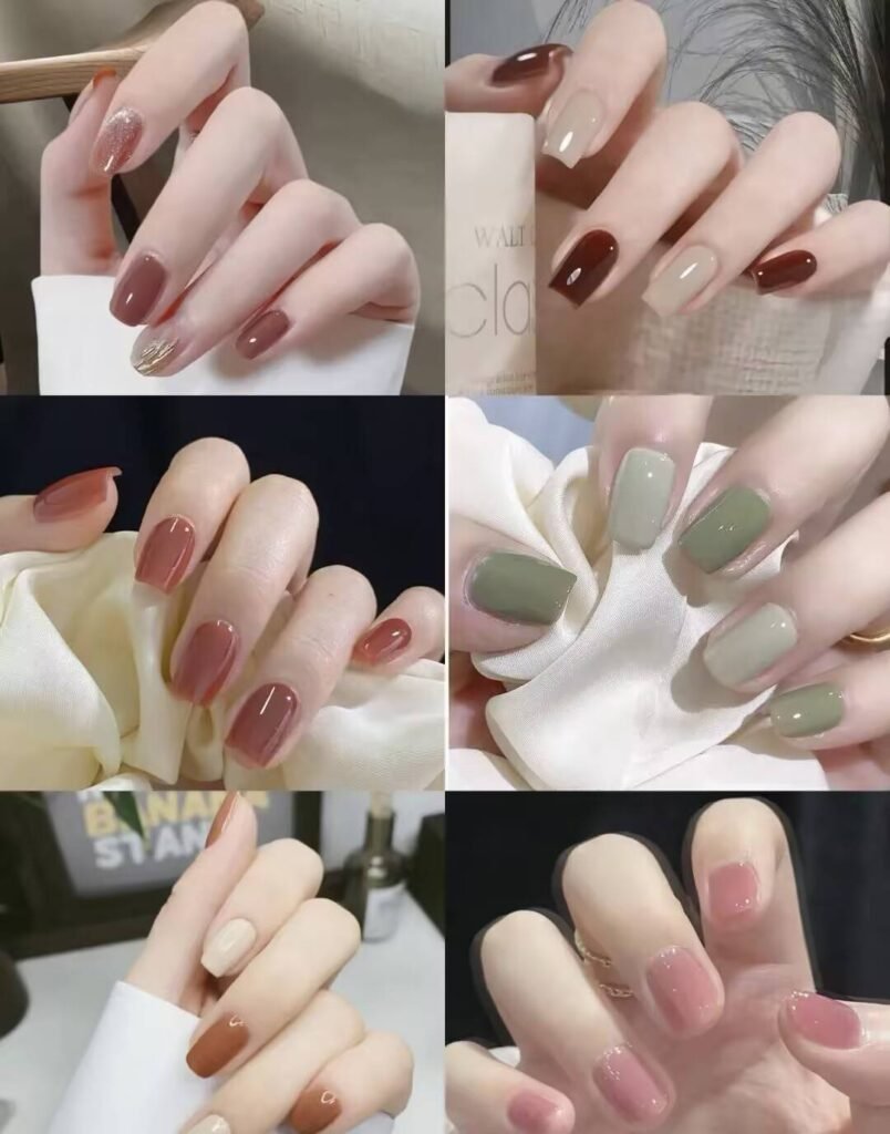 Short, elegant nail designs featuring minimalist styles like French tips, soft nude polish, and delicate gold accents on natural nails.